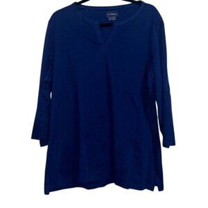 L.L. Bean Womens 3/4 Sleeve V-Neck Top 2X Plus Blue 100% Cotton Casual